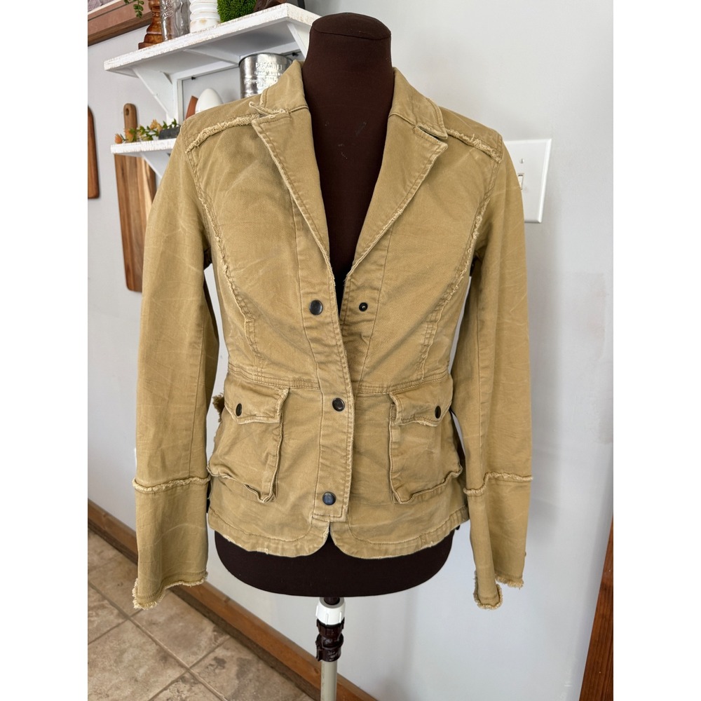 Free People Tan Khaki Ruffle Peplum Utility Jacket Lace Up Sleeve Small boho